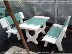 Bộ bàn ghế đá mài trắng xanh